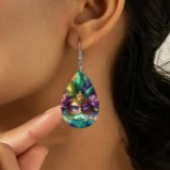 Mask Peacock Feather Artificial Leather Earrings Carnival Mardi Gras Earrings - Picture 3 of 8